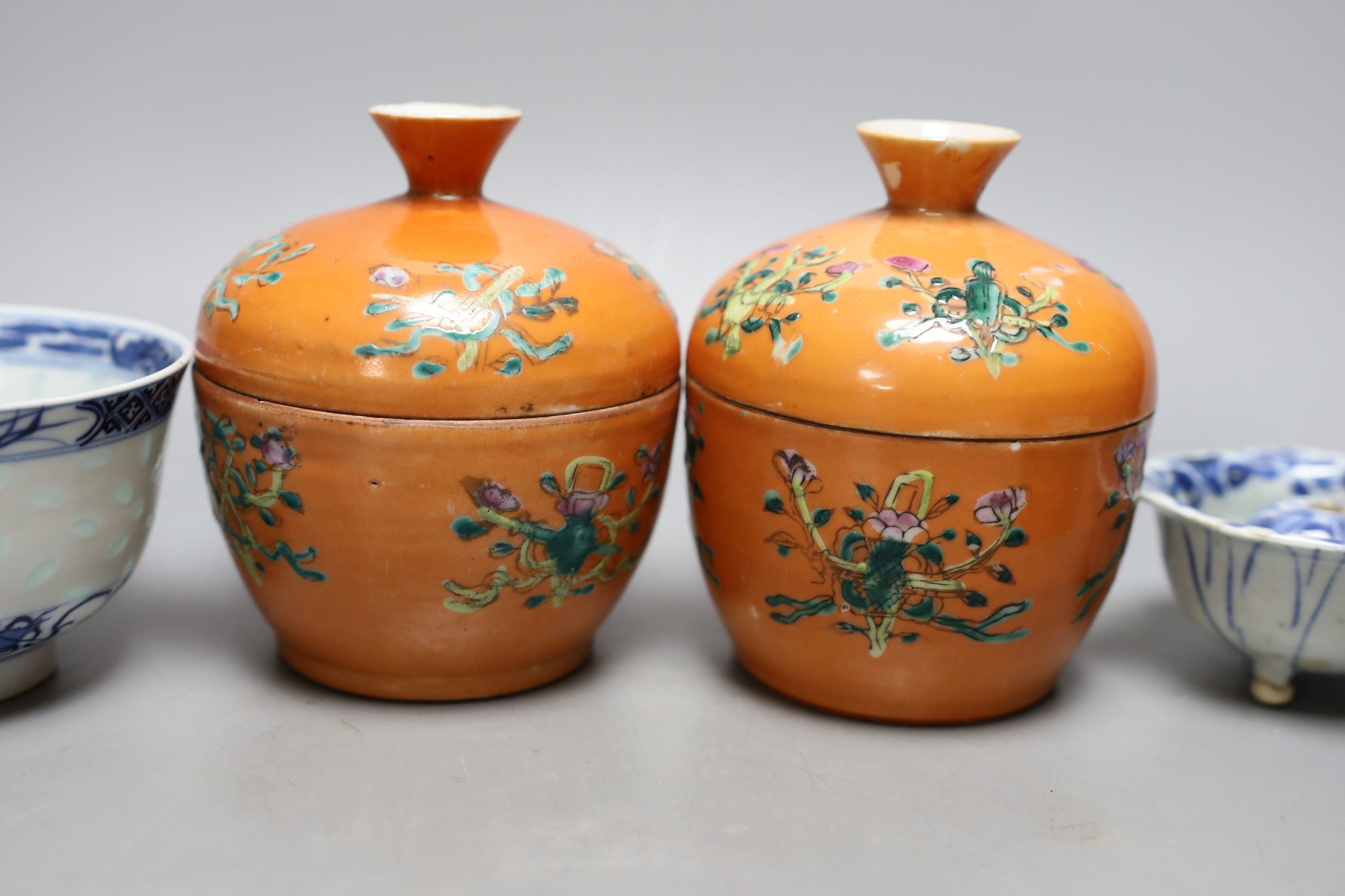 A pair of Chinese Straits chupu , with covers, 12cm. high, two enamelled dishes and two other items